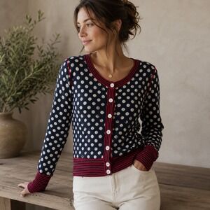 Neve Polka Dot Cardigan Women Size M Navy Blue Red Striped Trim Cotton Sweater